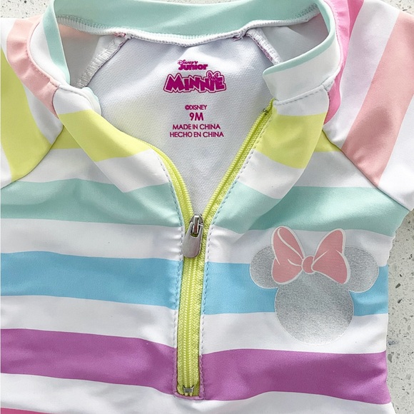 Disney Rashguard Minnie Long Sleeve Striped Swim One Piece Suit 9 Month - Picture 3 of 4